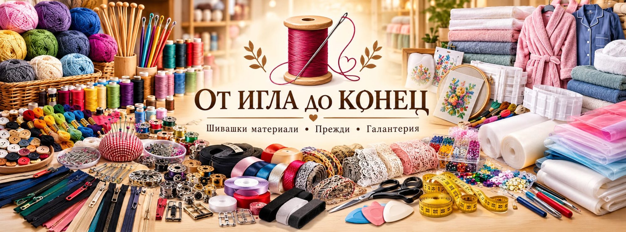 От игла до конец — шивашки материали, прежди, галантерия. Прежди, конци, копчета, ципове, ширити, ножици, кърпи и халати.